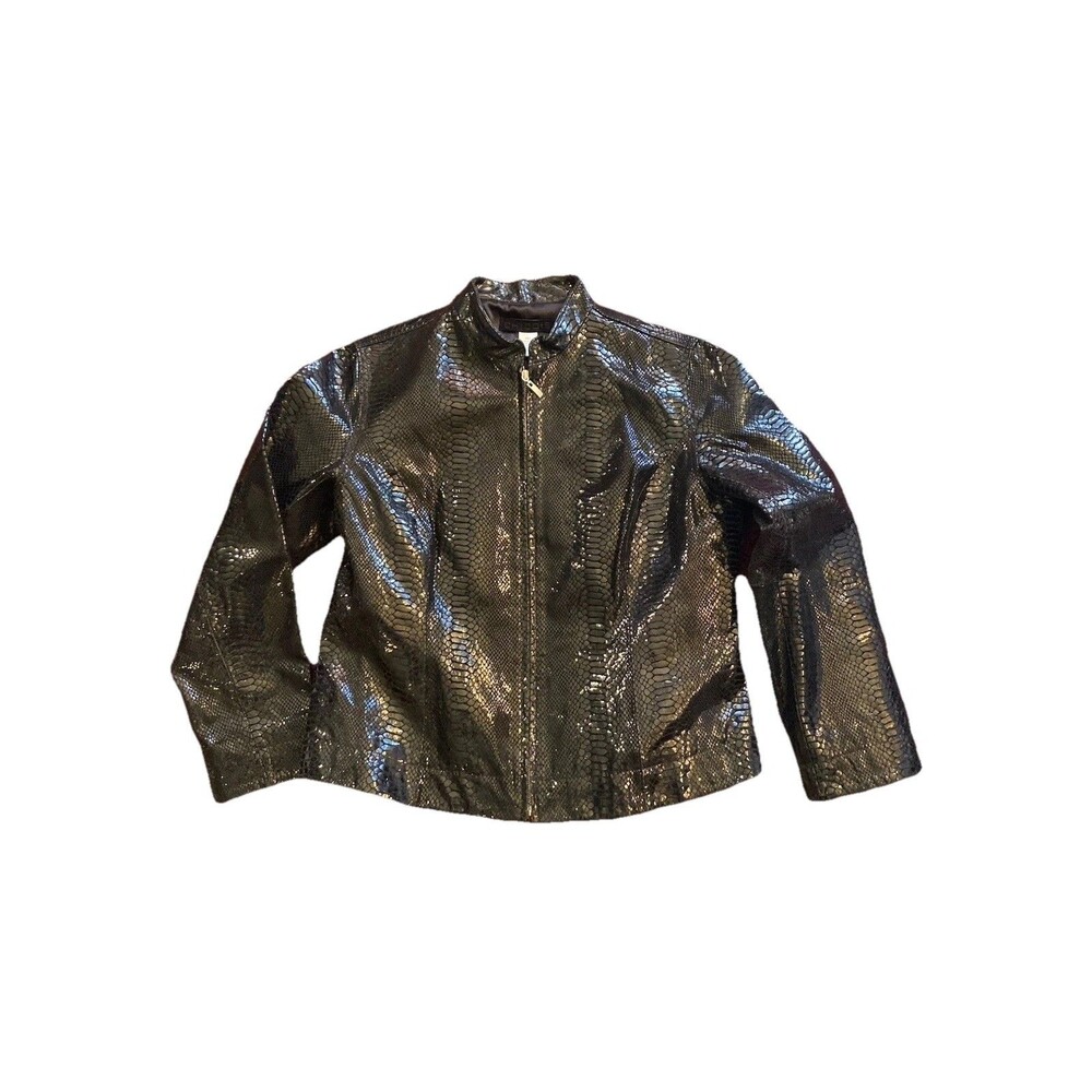 Chico’s Snakeskin Leather Jacket Women’s Size 2 Black Full Zip